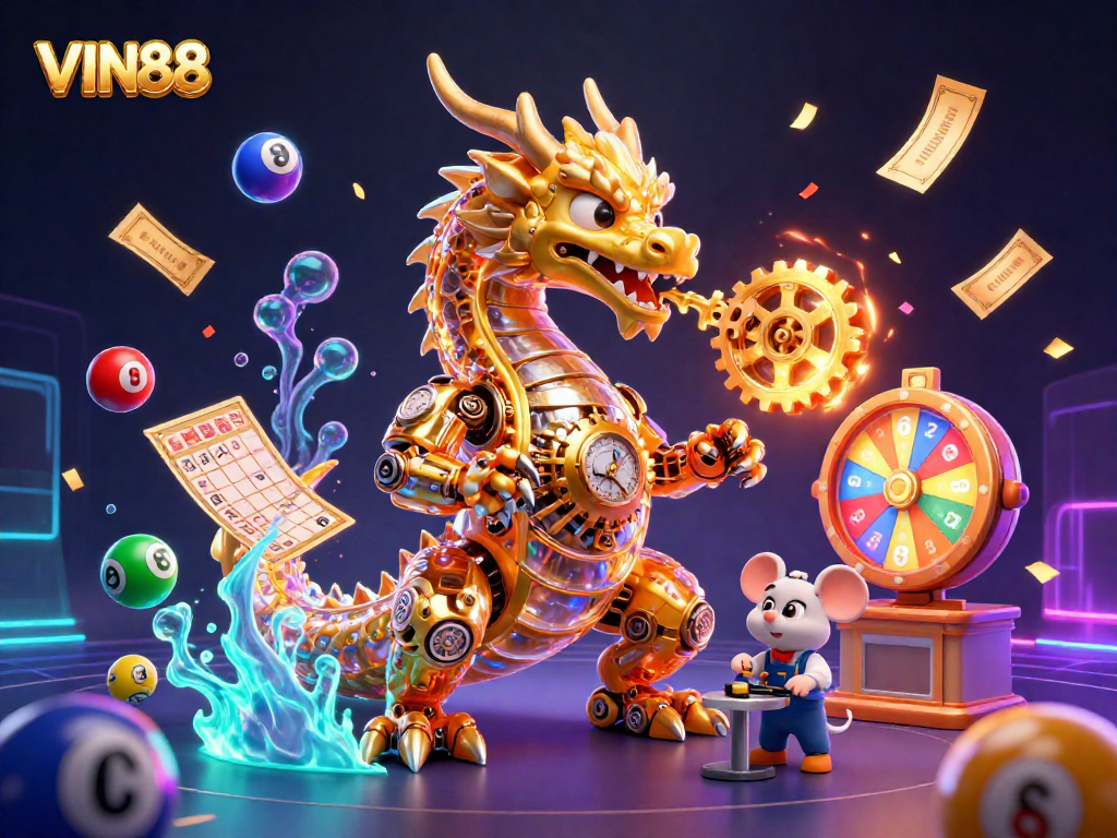 Experience thrilling games with VIN88 against a backdrop of dynamic casino elements and vibrant visuals.