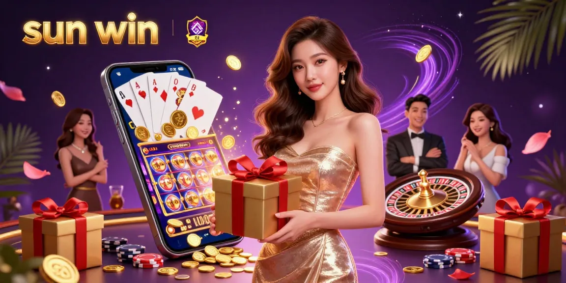 Play and win at Sun Win as a beautiful Asian woman presents coins in a festive casino setting.