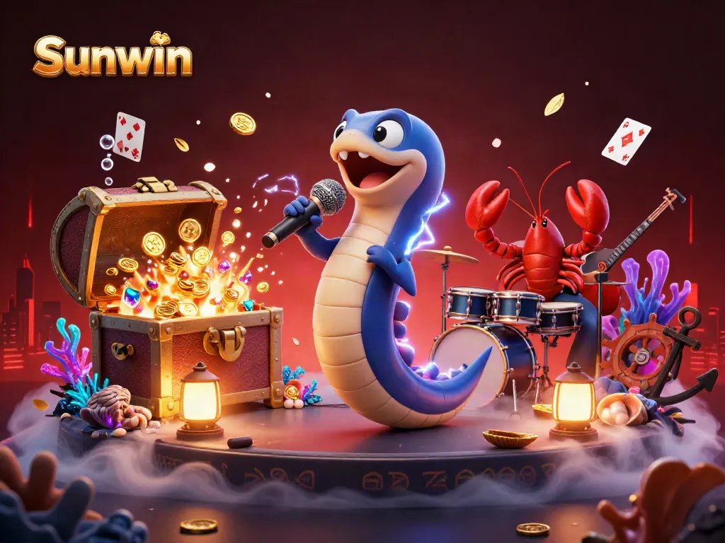 Sunwin showcases thrilling casino fun with an electric eel DJ and colorful underwater scene.