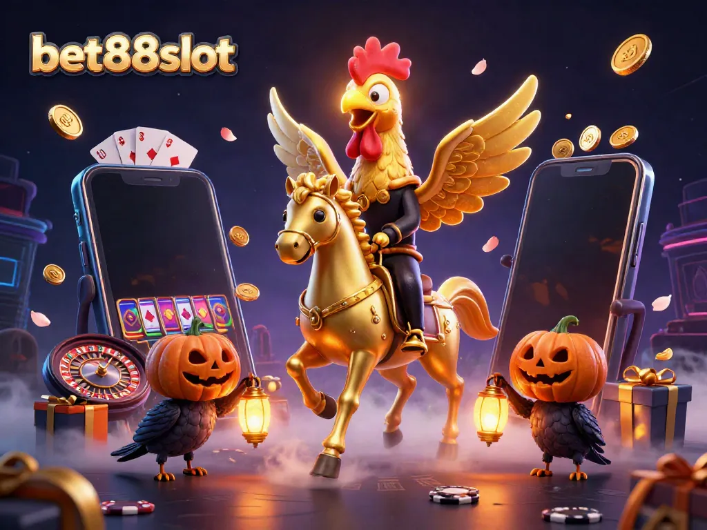 Experience thrilling gameplay at bet88slot with a golden rooster and casino elements illuminating the night.