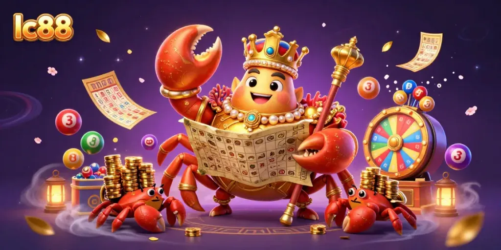 Transform gameplay with lc88's vibrant casino experience featuring a golden crab, lottery elements, and magical aura.