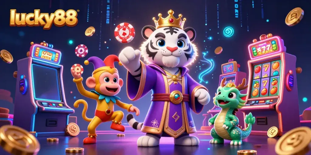 Engaging scene of lucky88 featuring a royal tiger, juggling monkey, and jade dragon in a lively casino atmosphere.