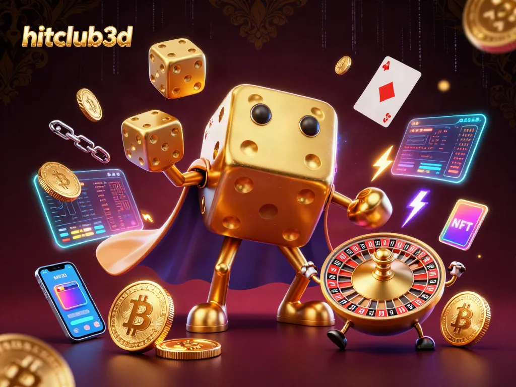Engage with hitclub3d's dynamic 3D casino theme featuring golden dice, crypto coins, and vibrant elements.