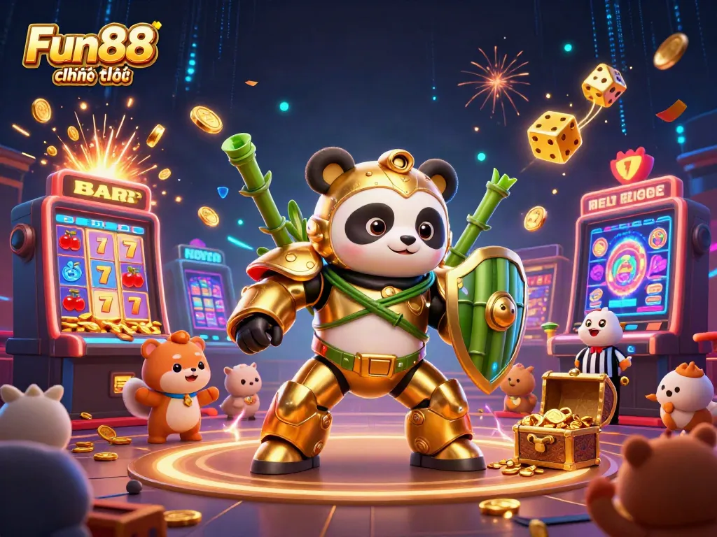 Experience Fun88 chính thức with an energetic panda in a mech suit, surrounded by vibrant casino elements.