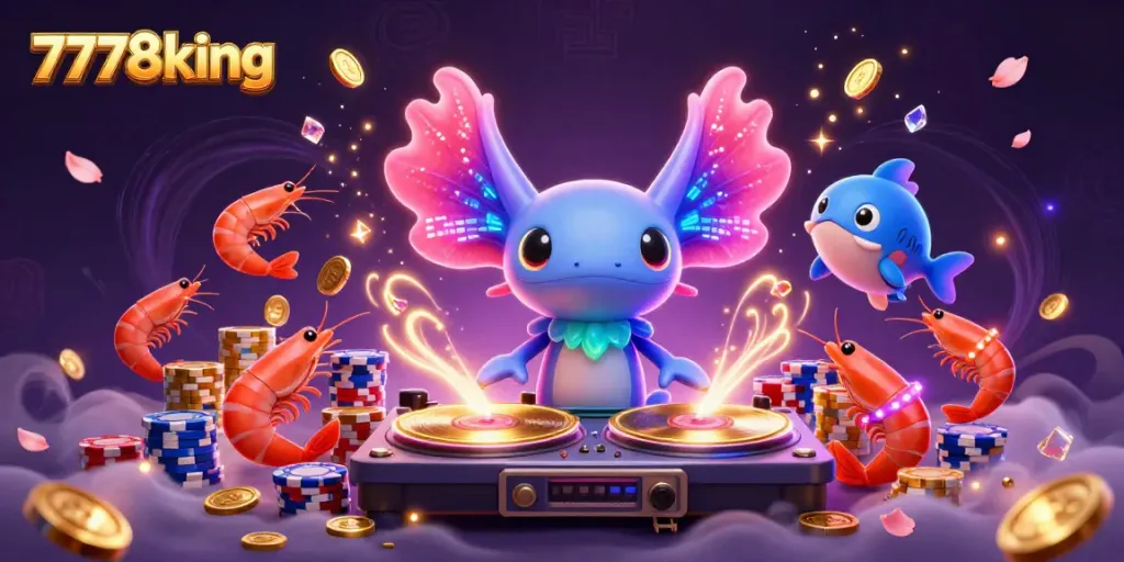 Experience dynamic gaming at 7778king with cartoon characters DJing and vibrant casino elements.