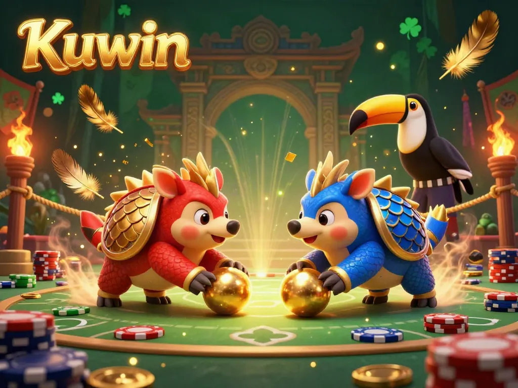 Kuwin pangolins compete in a vibrant casino scene of golden poker chips and dynamic gameplay.