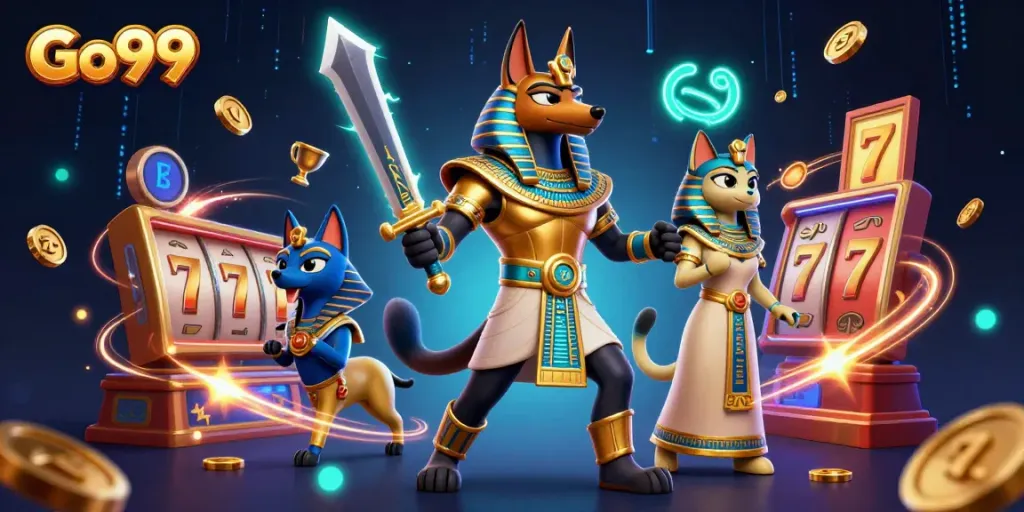 Go99 brings excitement to players with an illustration of Anubis and Bastet in a vibrant casino environment.