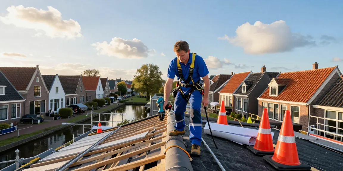 Skilled dakdekker in Den Haag repairing a residential roof with tools and safety equipment.