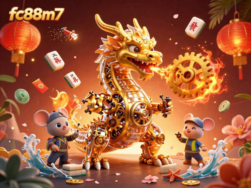Engage with fc88m7's thrilling gaming experience featuring a golden dragon and vibrant casino elements.