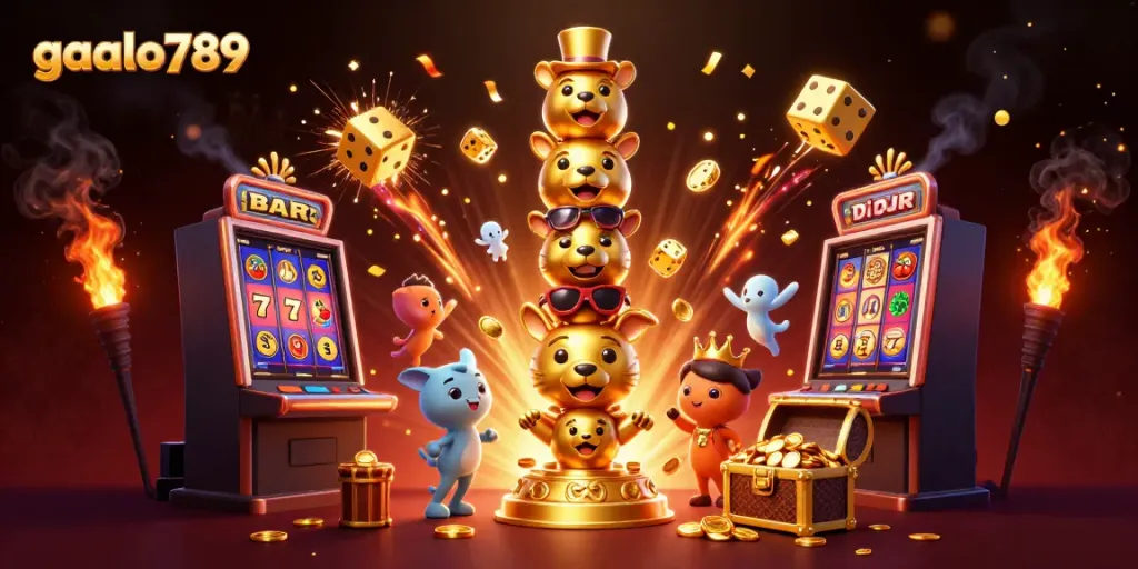 Experience exciting gambling at gaalo789 with vibrant casino characters and celebratory elements.