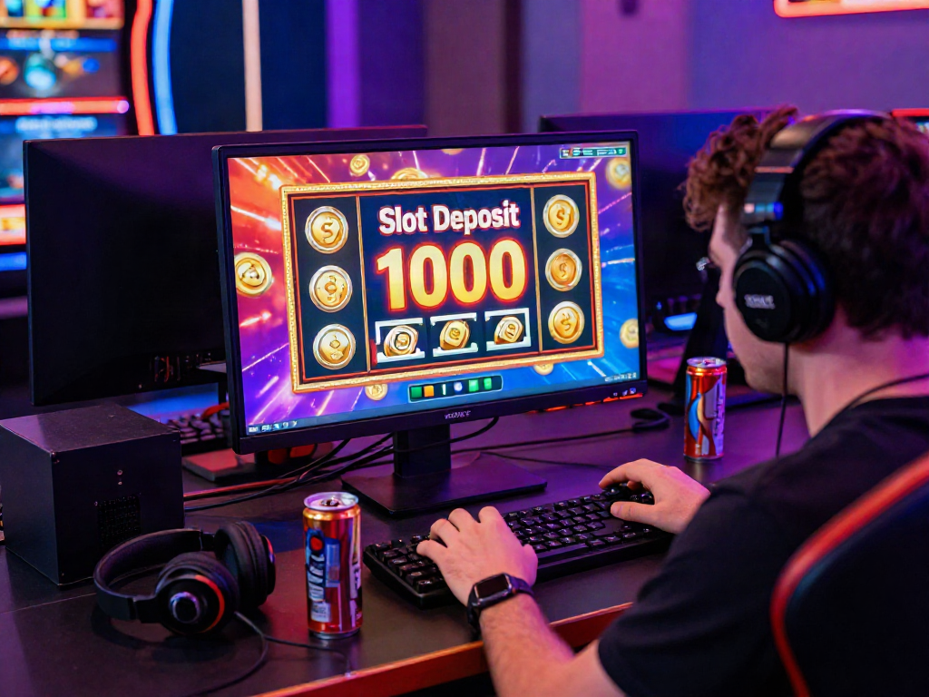 Pengalaman slot deposit 1000 yang seru dengan tampilan mesin slot dan gamer di lingkungan kasino online
