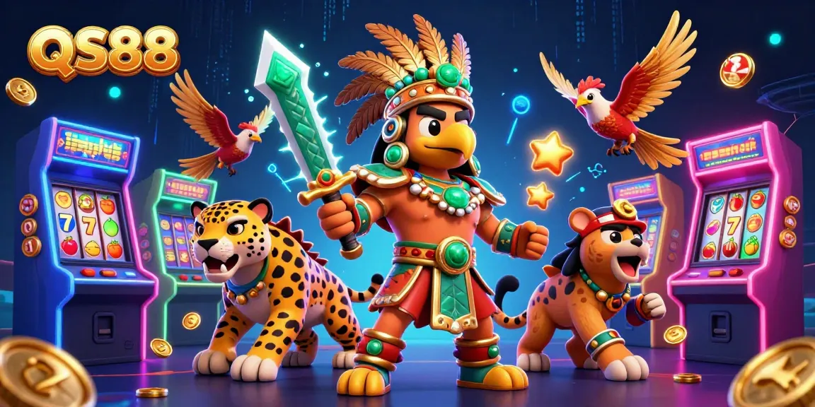 Experience the dynamic gaming excitement of QS88 with 3D characters amidst vibrant casino elements.