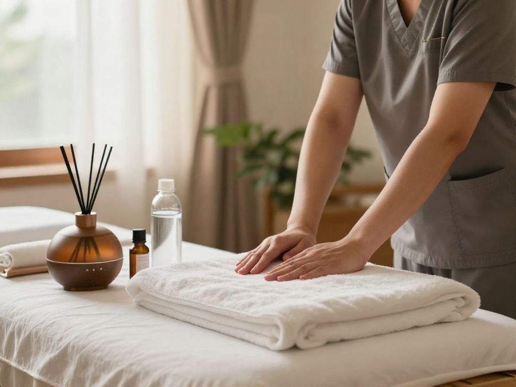 Relaxing 의정부출장마사지 session setup with therapist, soothing oils, and calming atmosphere.