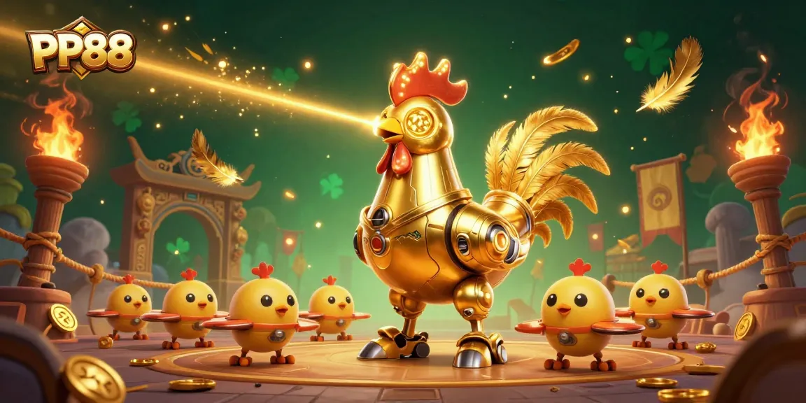Experience the thrill of PP88 with dynamic golden rooster robot and chick drones in action.