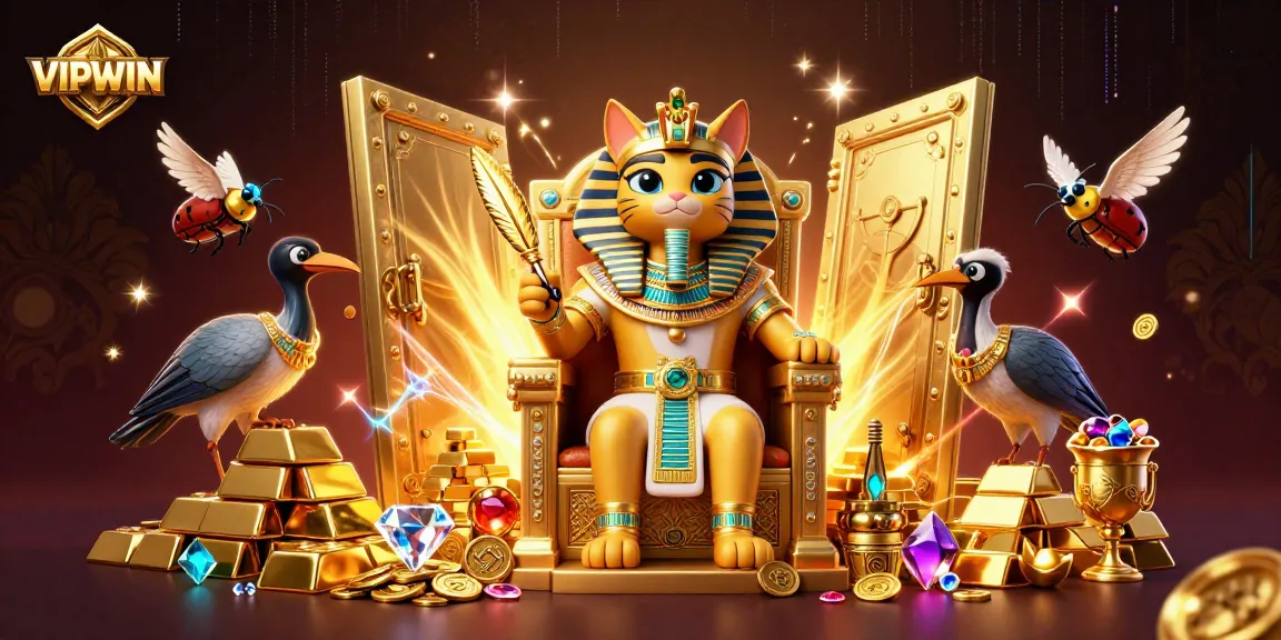 Engage with VIPWIN, where the pharaoh cat reigns over golden treasures in a vibrant casino realm.