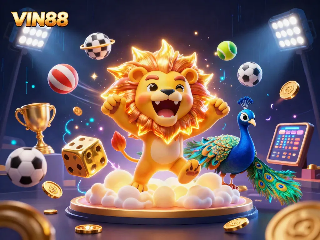 Engage in thrilling winnings at VIN88 with vibrant casino elements featuring a roaring lion and cosmic dice.