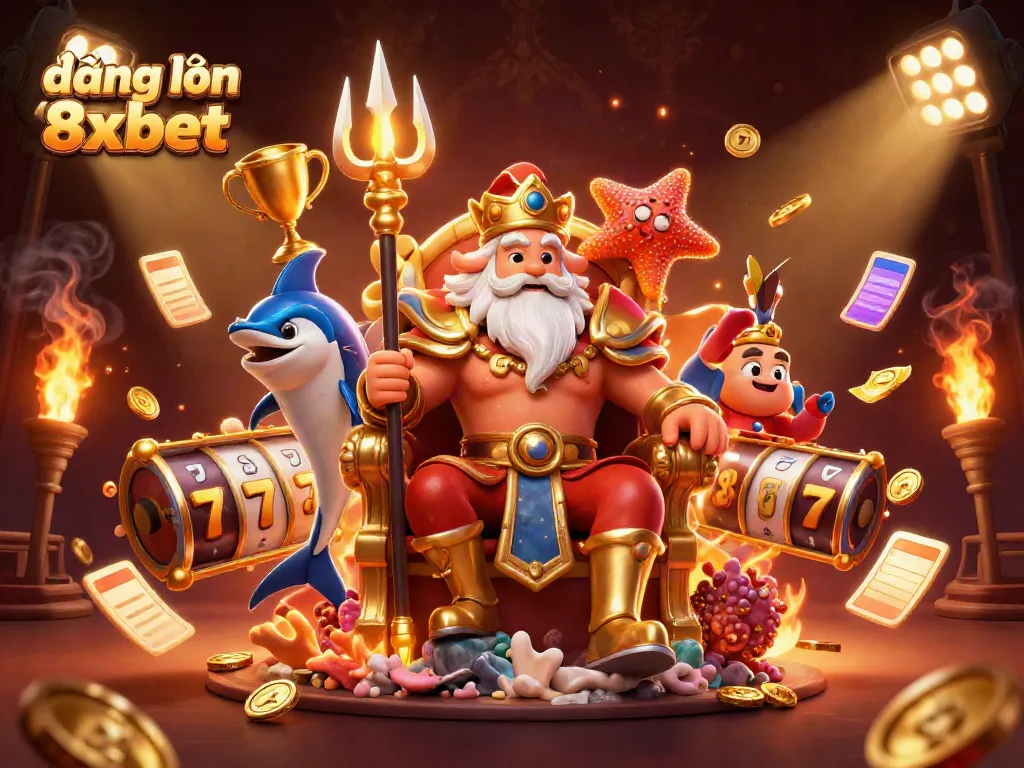 Engage with the thrilling world of đăng nhập 8xbet showcasing a vibrant 3D casino illustration featuring Neptune and dynamic gaming elements.