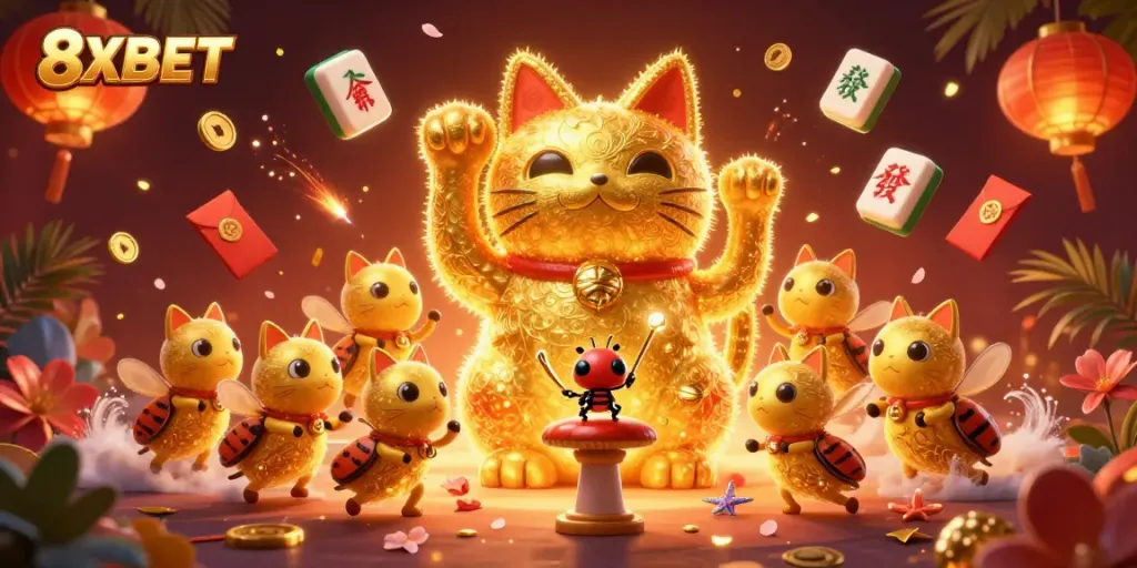 Experience the luck at 8XBET with a dynamic lucky cat casino scene glowing with vibrant energy.