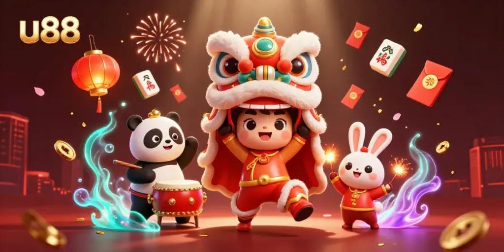 Celebrate with u88 in a vibrant 3D casino scene featuring a festive lion dance and surrounded by gaming elements.
