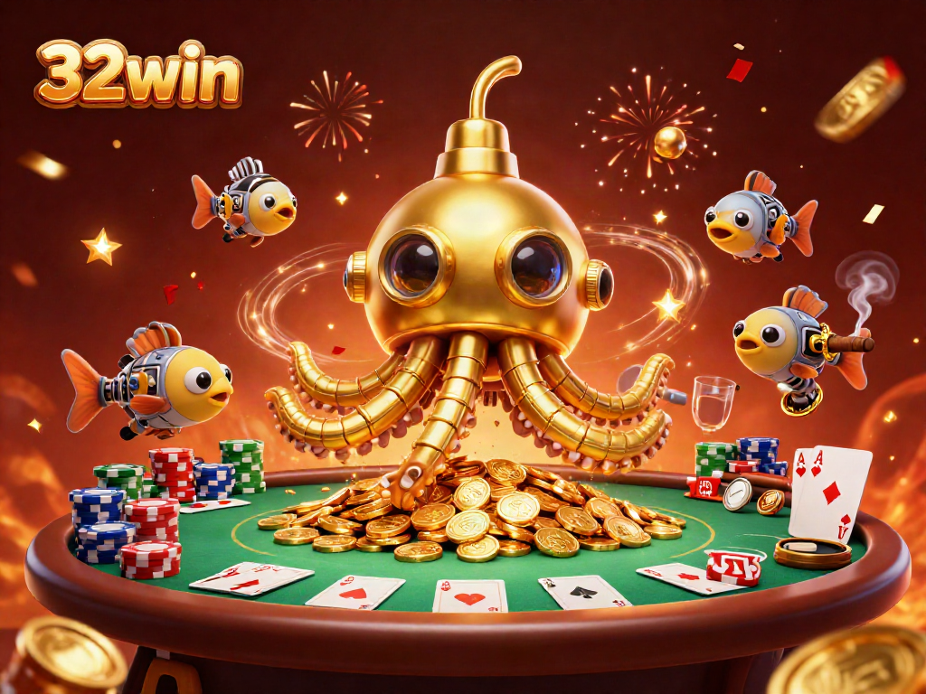 Experience the excitement of 32win with a vibrant poker scene filled with gold coins and festive confetti.