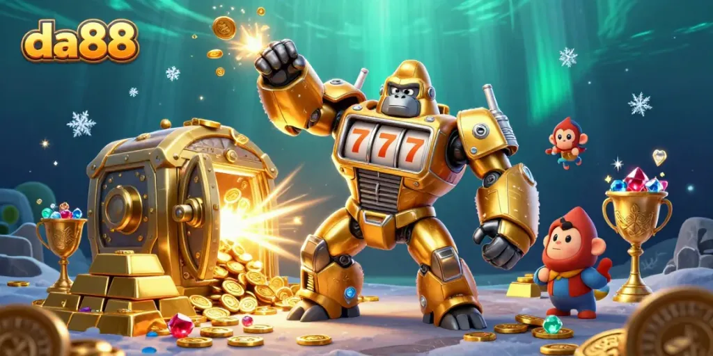 Experience da88's thrilling world of slot games with a dynamic golden gorilla mech surrounded by treasures.