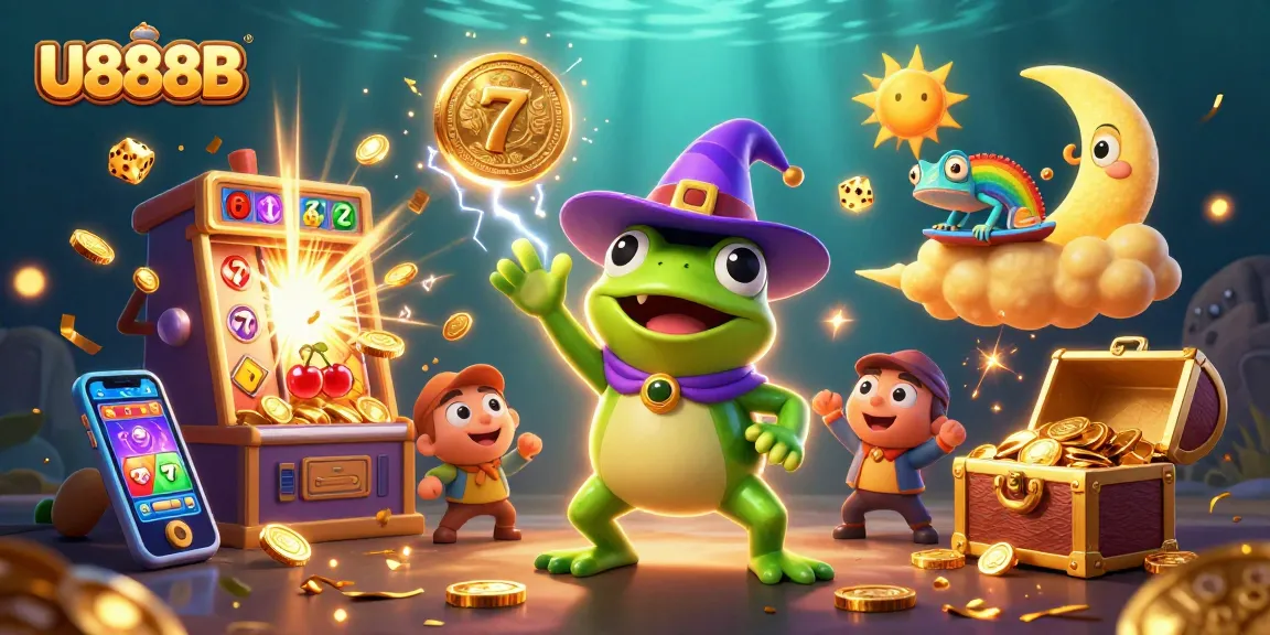 Engage with U888B's thrilling jackpot scene featuring golden coins, slots, and animated characters.