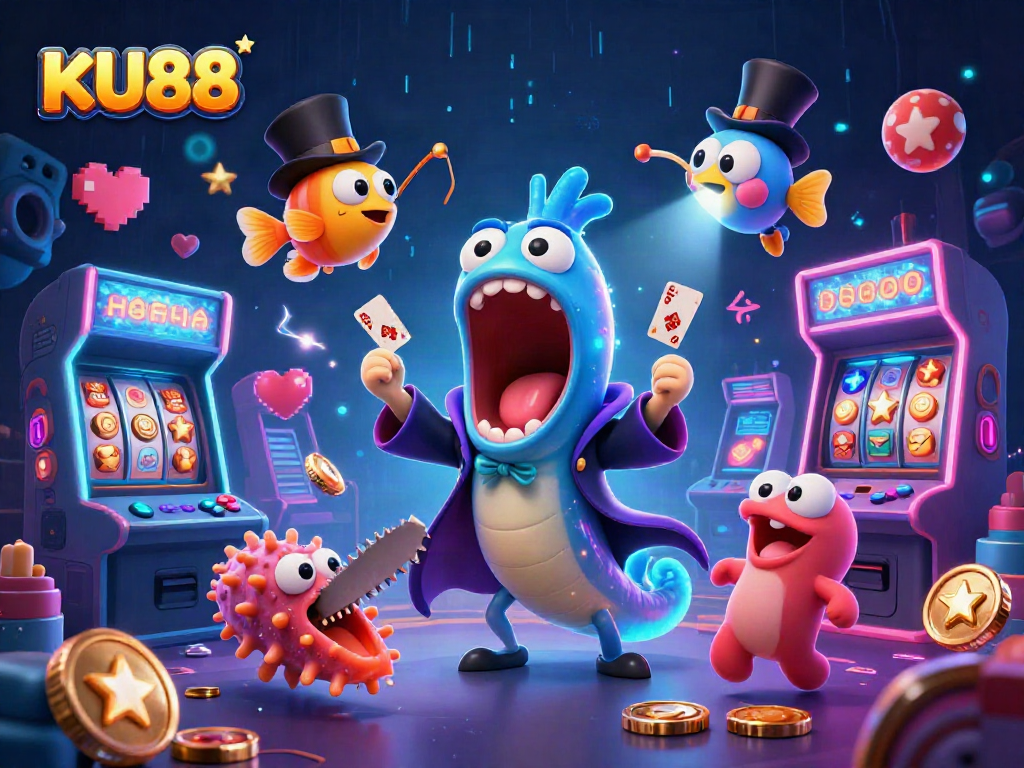 Engage with KU88's vibrant gaming world featuring interactive characters in an exciting casino atmosphere.