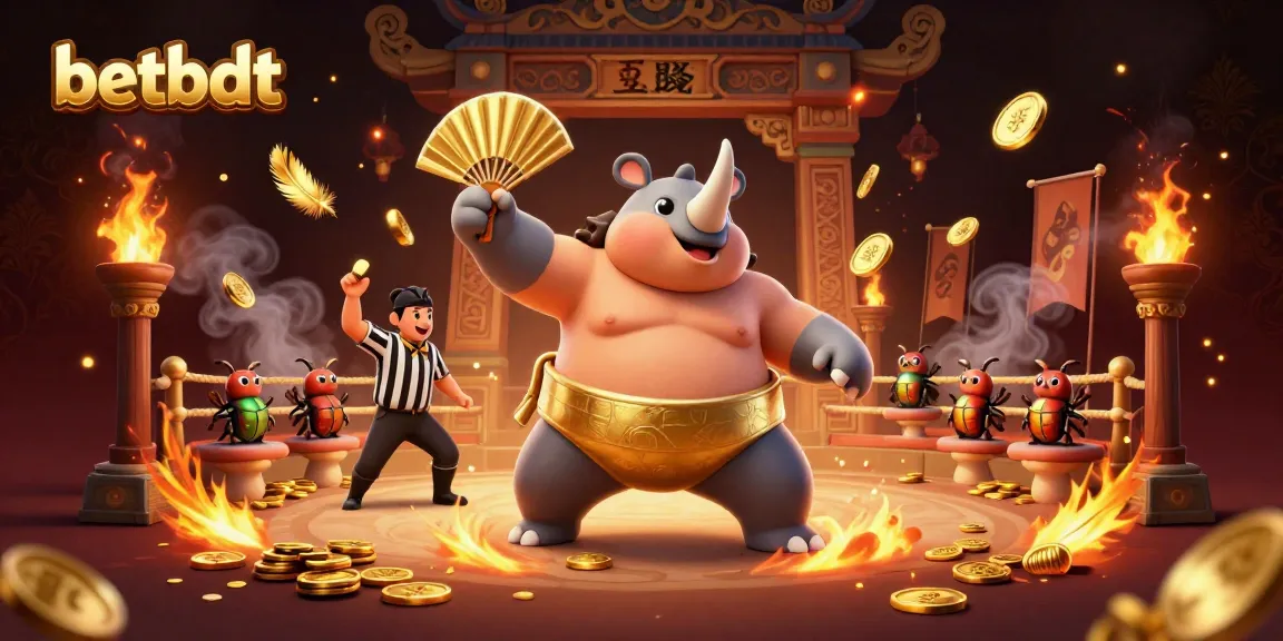 BetBDT's dynamic illustrated scene with a sumo beetle champion energizing a betting arena.