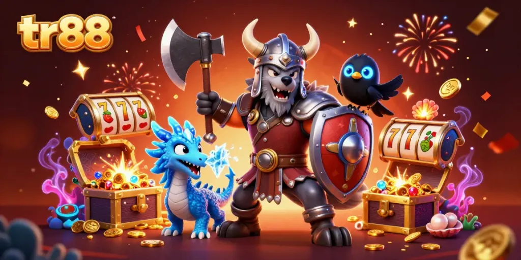 Experience the thrill of tr88 casino as a Viking wolf warrior battles with an ice-breathing dragon amid festive gaming visuals.
