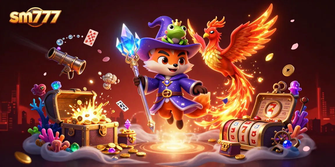Experience thrilling gaming with sm777 featuring a mystical wizard fox, phoenix, and magical casino elements.