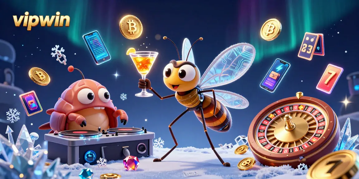 Experience vipwin's casino vibes with lively characters and engaging elements in a dynamic illustration.