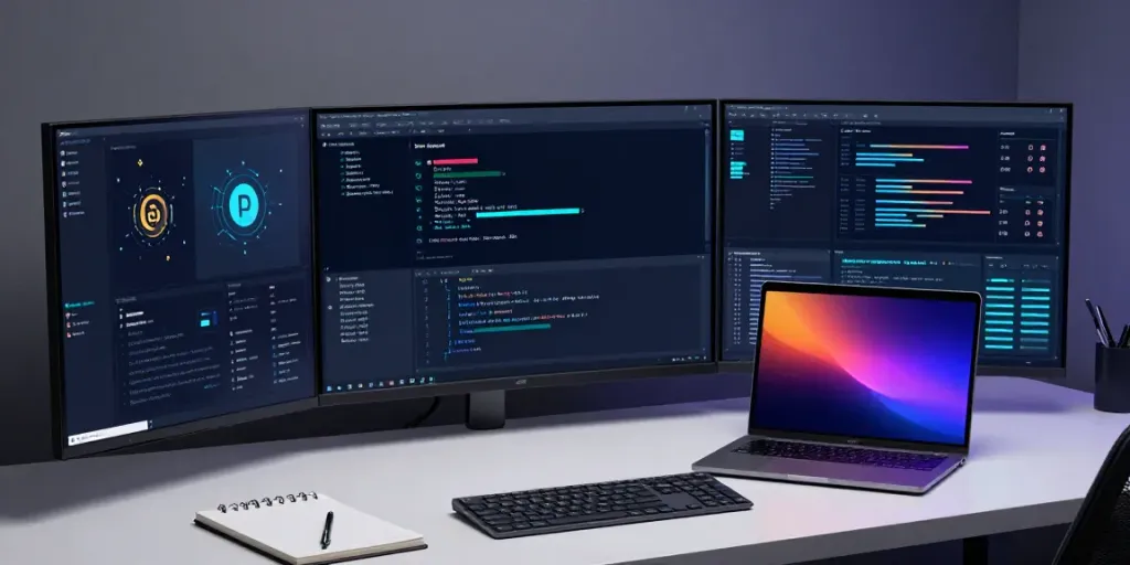 Actueel overzicht van crypto en DeFi met slimme contracten in een moderne ontwikkelingsruimte.