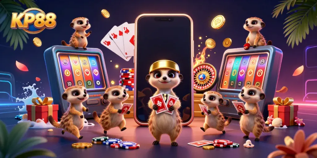 Experience KP88's lively cartoon casino with meerkats managing games and vibrant slot action.