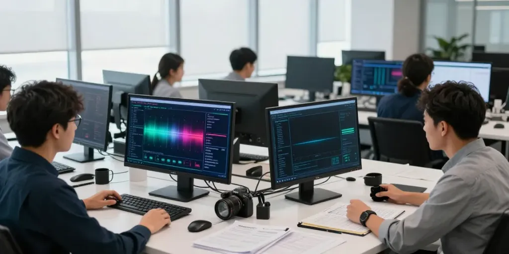 Latest cybersecurity news analysis in a modern tech workspace.