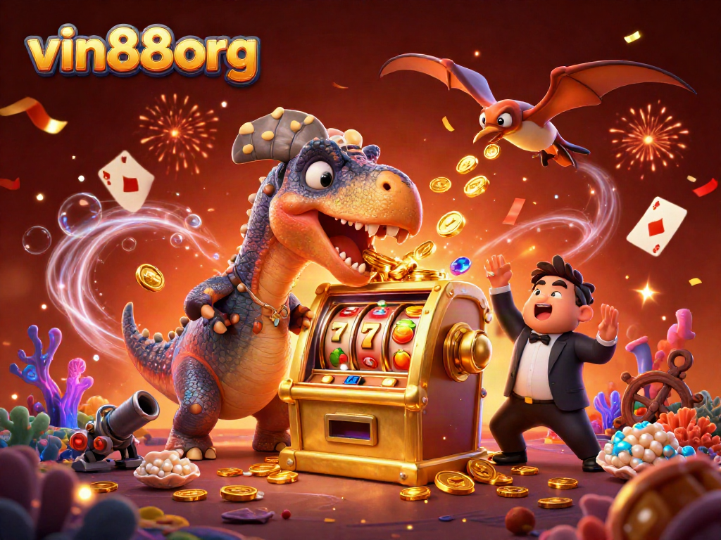 vin88org jackpot animation with pachycephalosaurus, golden slot machine, and confetti explosion