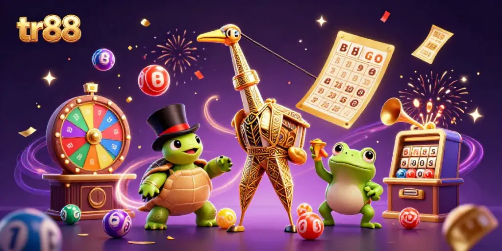Engage with TR88 casino activities featuring vibrant lottery balls and dynamic characters in a lively scene.