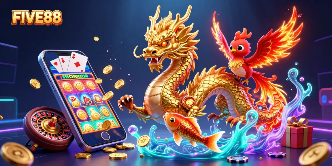 Engage with FIVE88's thrilling experience while a dragon, phoenix, and koi fish leap amid gaming treasures.