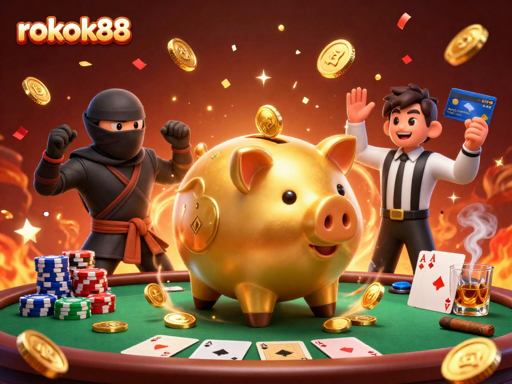 rokok88 showcases a lively gambling scene with a golden piggy bank sumo wrestler, emphasizing the thrill of gaming.