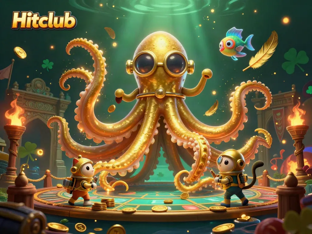 Experience the excitement of Hitclub with a kraken and diving cat in a vibrant casino-themed scene.