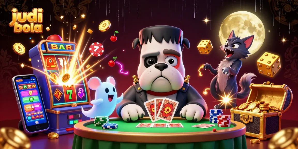 Engage in Judi Bola excitement with a lively 3D scene featuring unique characters and casino elements.