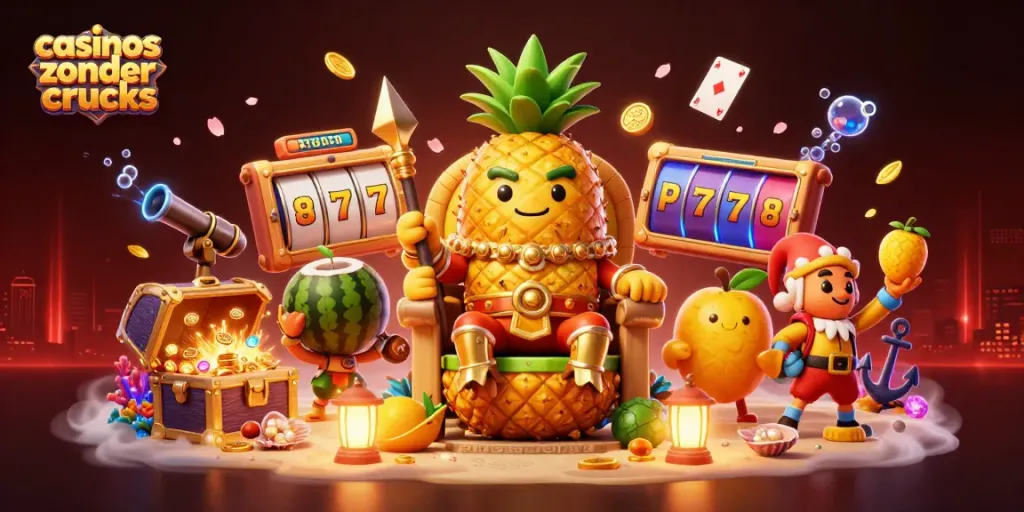 In een casino zonder cruks spelen met een gouden ananas koning, kokos lijfwachten en een watermeloen kanon.