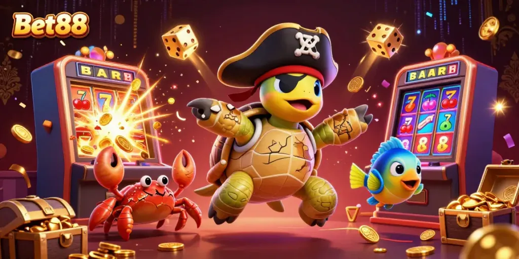 Win big at Bet88 with this colorful 3D casino-themed illustration featuring vibrant characters and slot machines.