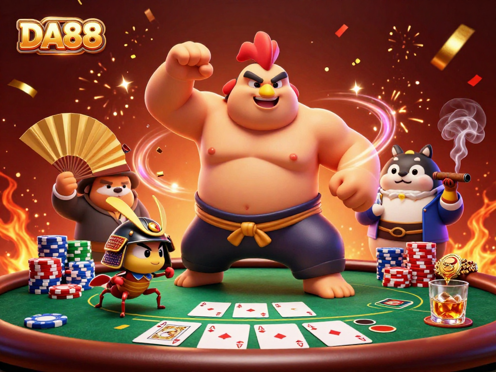 DA88 offers thrilling poker action with a powerful sumo wrestler, cricket, and tanuki in a vibrant casino scene.