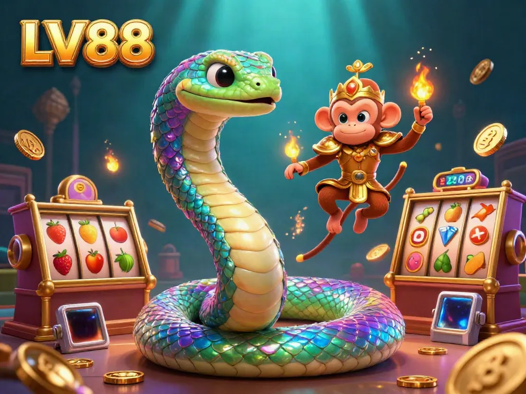 Experience thrilling luck with LV88's vibrant illustration of a playful monkey king and a colorful rainbow serpent in a majestic casino setting.