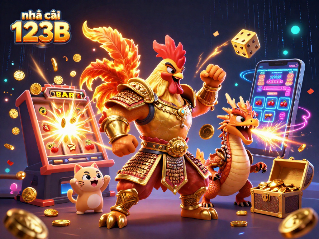 Experience the excitement with nhà cái 123B as a rooster warrior and dragon celebrate jackpot wins amidst a vibrant casino scene.