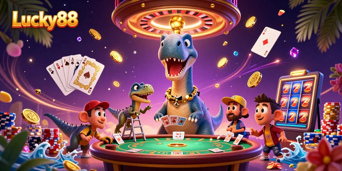 Engage with Lucky88's thrilling casino experience through vibrant characters and dynamic game elements in a lively atmosphere.