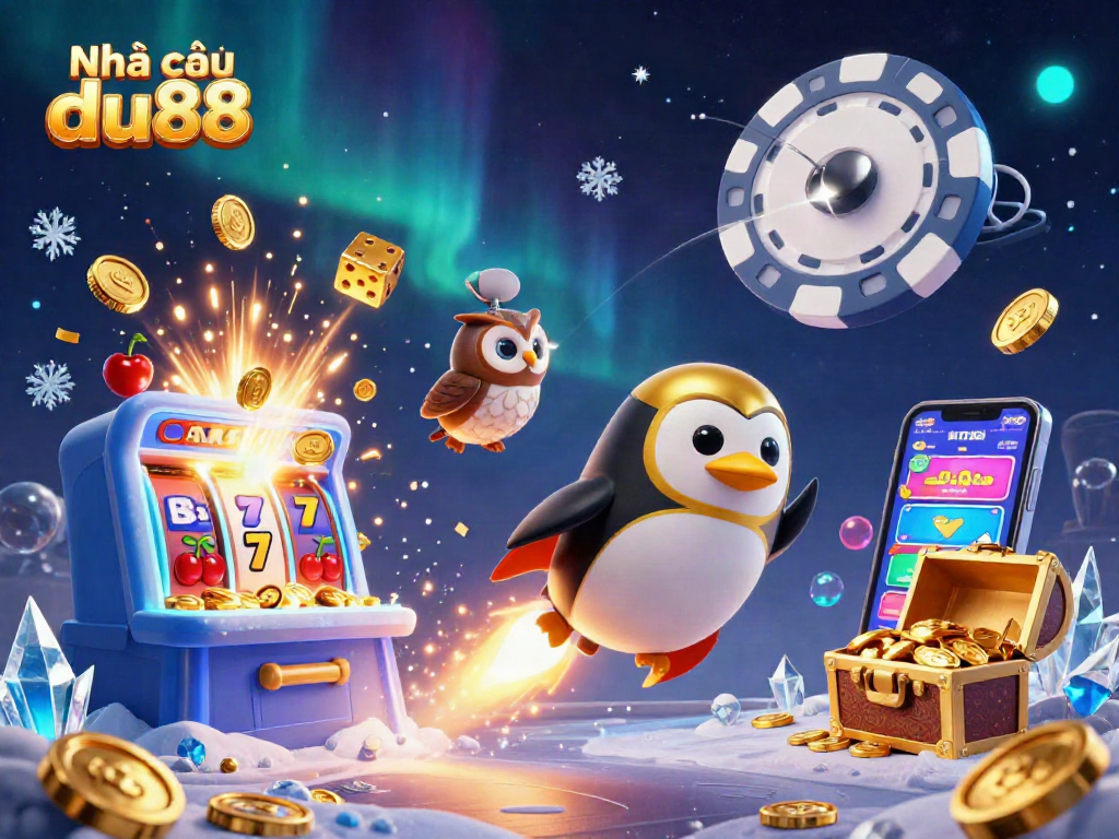 Experience the thrill at Nhà cái du88 with a dynamic casino scene featuring a rocket-powered penguin and jackpot explosions.