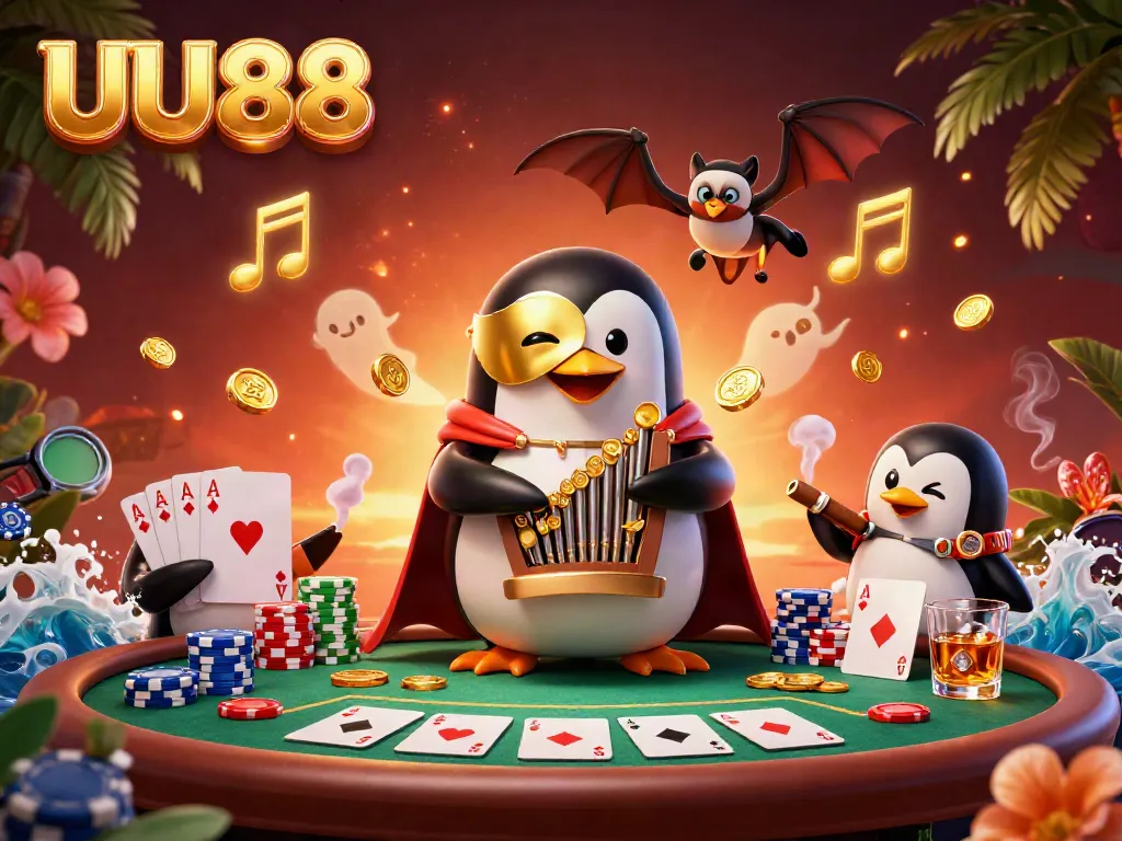 UU88 penguin maestro orchestrates a vibrant casino scene with golden coins and poker excitement
