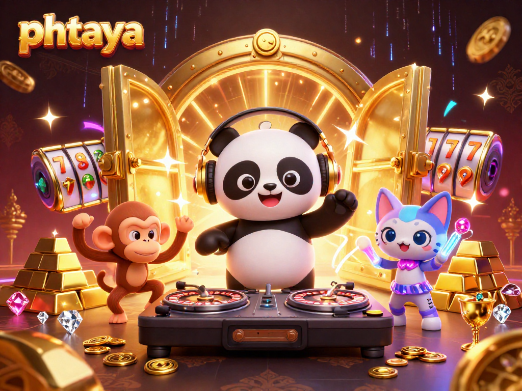 Phtaya offers an exhilarating experience with a DJ panda and vibrant characters in an energetic casino scene.