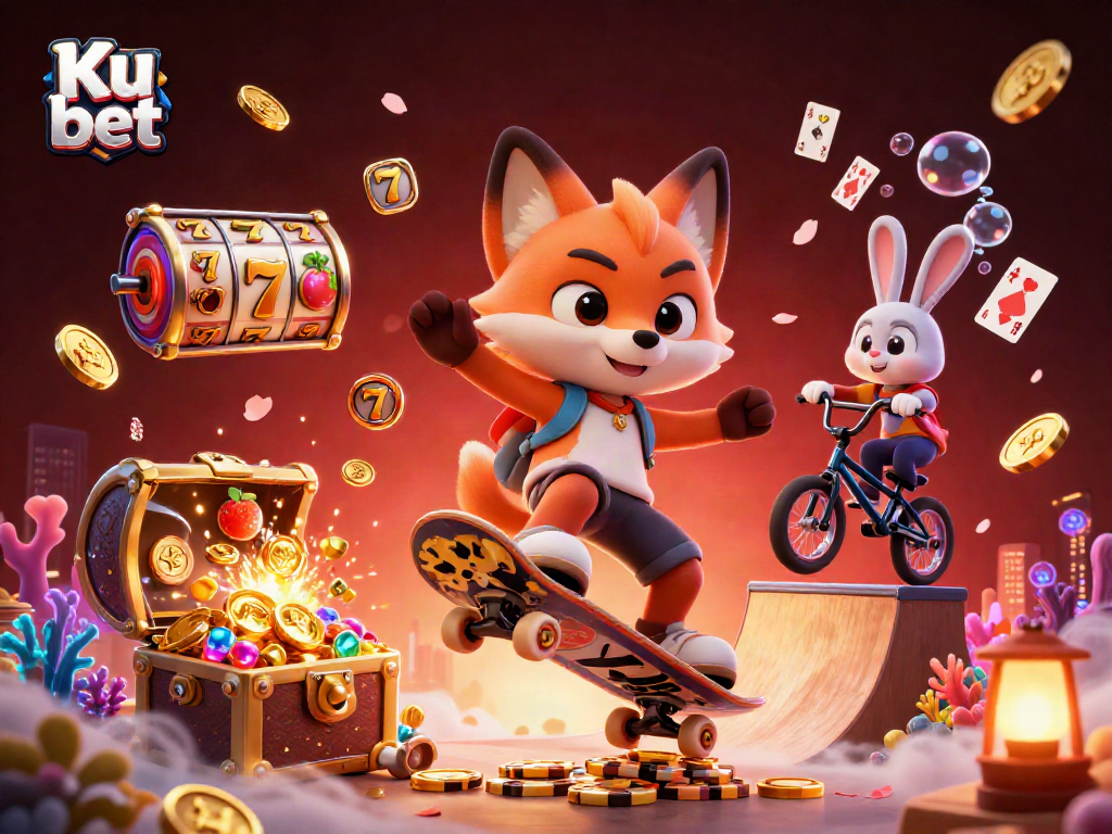 Experience adrenaline with Ku bet's dynamic 3D illustration showcasing a skateboarder fox and BMX rabbit among vibrant slot elements.